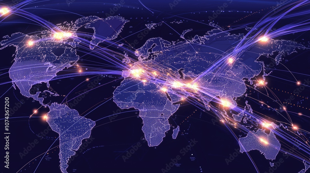 Poster digital map displaying live data streams connecting global networks and geographic locations for enh