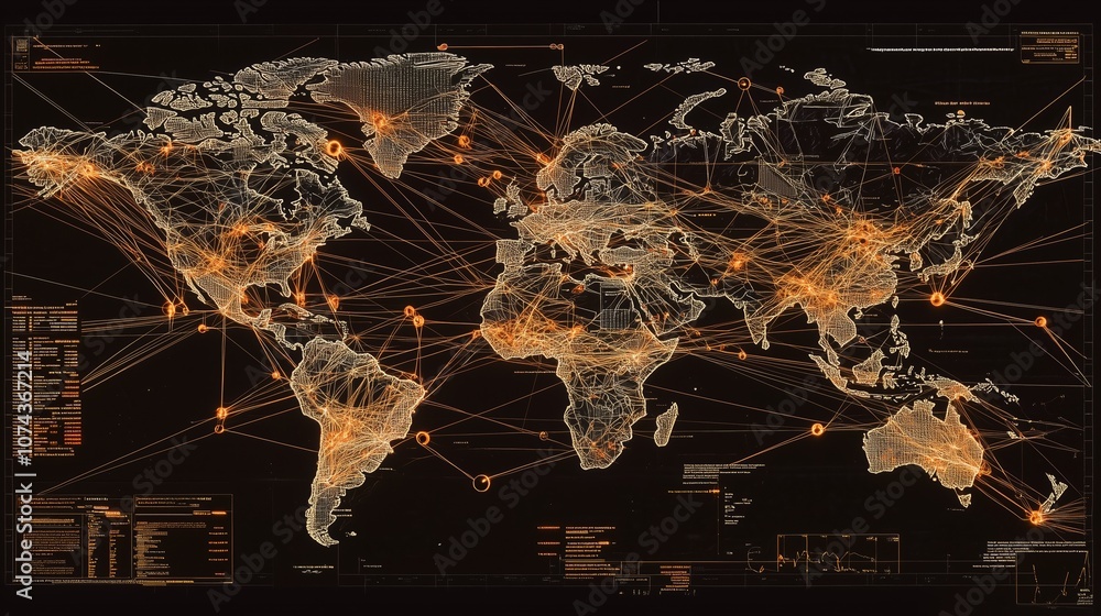Poster digital world map featuring live data streams and connections, illustrating global connectivity and 