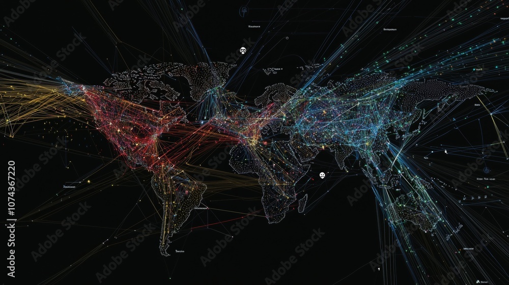 Poster global digital map illustrating interconnected networks of data flow and communication across contin