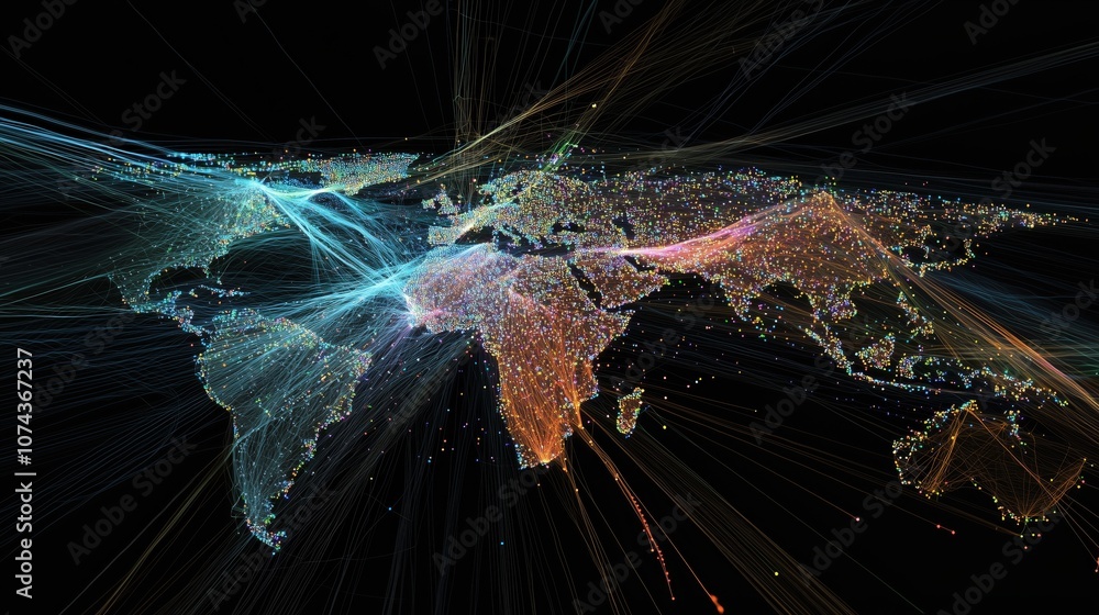 Poster digital visualization of an interconnected global network with colorful lines representing data flow