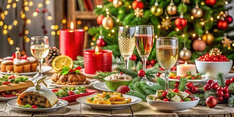 Fototapeta premium Christmas festive table with a variety of dishes and drinks, Christmas, festive, table, dishes, drinks, celebration