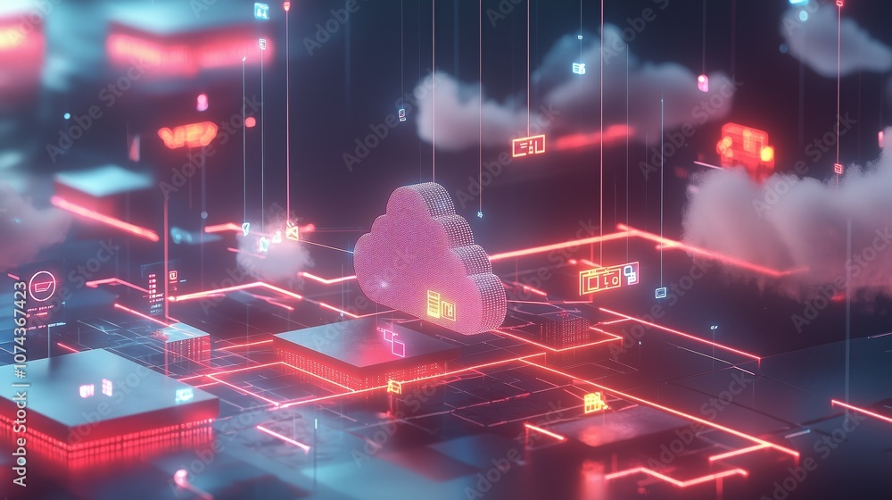 Poster 3d illustration of a secure api connection between digital clouds, featuring data transmissions and 