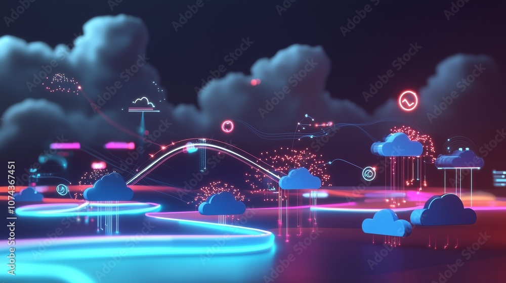 Poster 3d illustration of secure api connection represented with colorful clouds, data streams, and digital