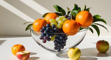 Bright fruits and a glass vessel create a cheerful display.