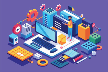 Obraz premium A person is troubleshooting various computer components while surrounded by colorful tech accessories, Isometric illustration for computer troubleshooting that can be customized.