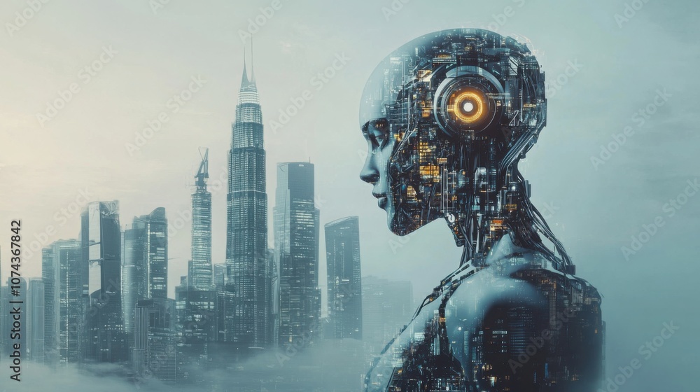 Poster autonomous robots powered by ai building skyscrapers, showcasing progress in construction technology