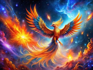 Majestic Phoenix in a Vibrant Nebula - Celestial Energy and Fiery Wings