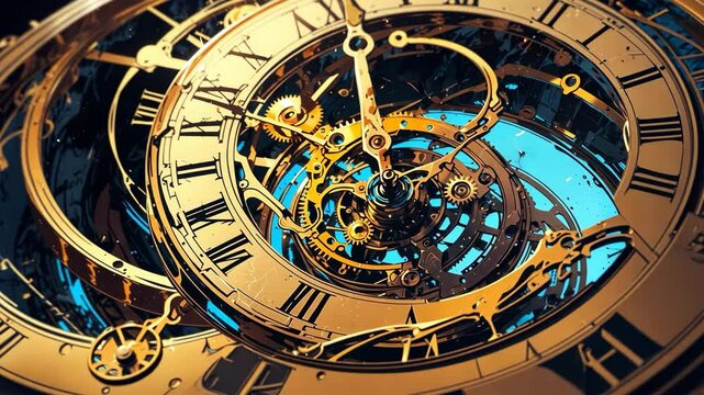 Video of close-up of an intricate, golden clock mechanism with Roman numerals, showcasing detailed gears and cogs against a blue background