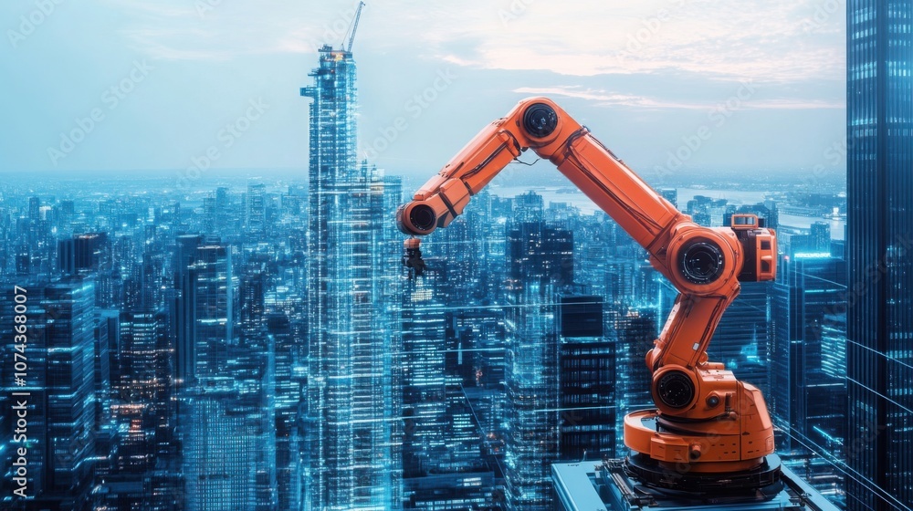 Poster autonomous robots powered by ai building skyscrapers, showcasing progress in construction technology
