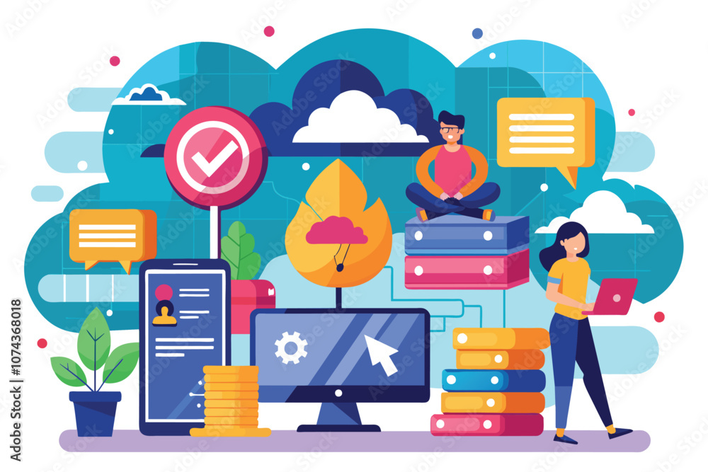 Poster people are addressing cloud storage issues using technology and teamwork in a vibrant office environ