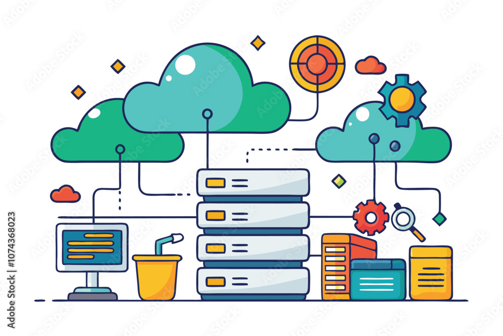 Poster an illustration depicts problems related to cloud data storage with servers, connections, and gears,