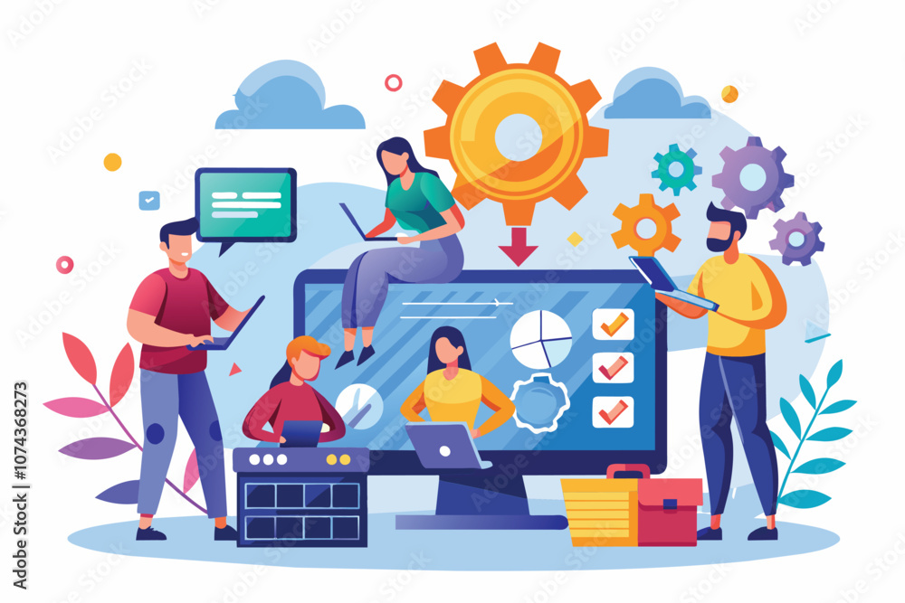 Poster a diverse group works together to fix software errors, utilizing technology and teamwork in a vibran