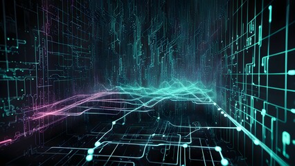 A digital landscape with glowing circuits and waves, representing technology and data flow.