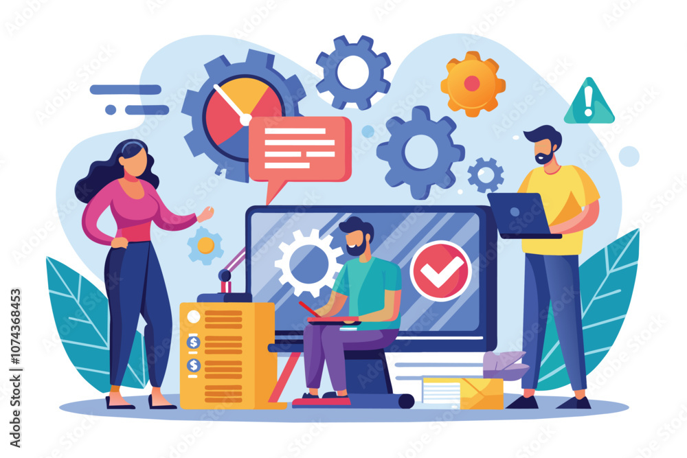 Poster a group of professionals is addressing software errors by collaborating in a modern office setting, 