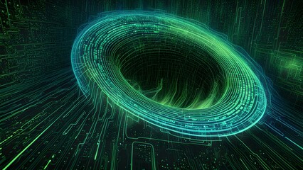 A digital vortex with green and blue hues, symbolizing technology and data flow.