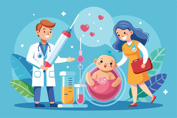 A doctor and nurse celebrate the success of IVF with a joyful baby in a lab setting surrounded by colorful equipment, IVF Cartoon Illustration