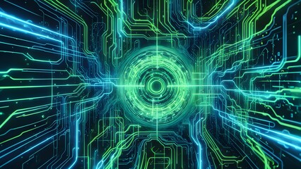 Abstract digital circuit design with glowing lines and a central circular pattern.