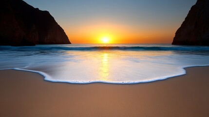 A sunset over the ocean with a beach in the foreground