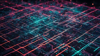 A digital landscape showcasing intricate circuit patterns and glowing lines in vibrant colors.
