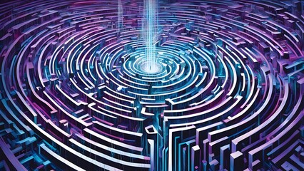 A vibrant, abstract maze with a central light beam, symbolizing complexity and exploration.