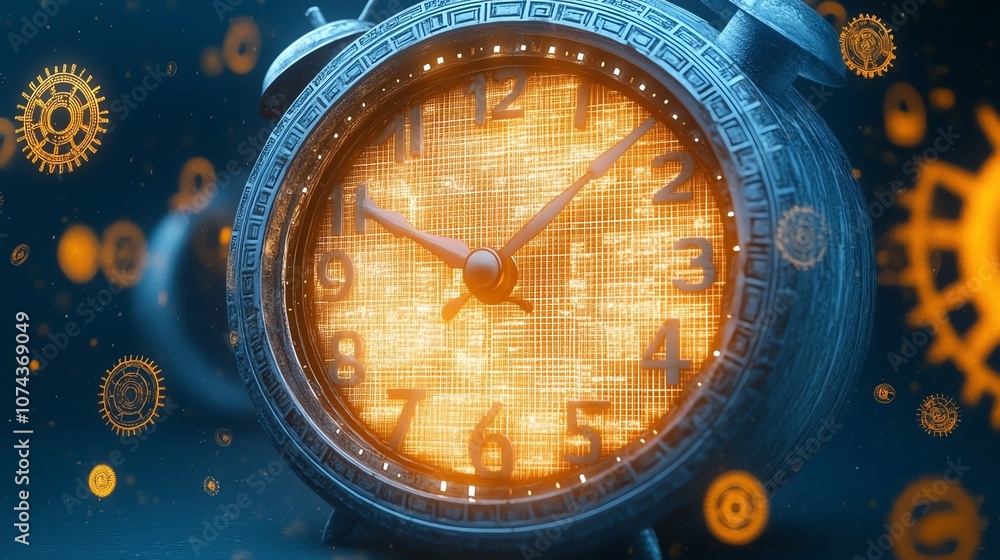 Poster a detailed clock with glowing elements and gears, futuristic display, dark background.