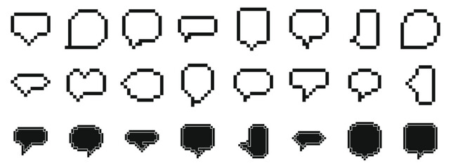 Pixel dialogue box icons set. Variety of pixelated speech bubbles representing communication, messages, and ideas in digital conversations
