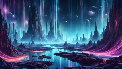 A vibrant, surreal landscape with glowing formations and a refle