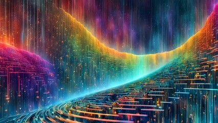 A vibrant, abstract landscape with colorful gradients and flowing lines, evoking a digital realm.