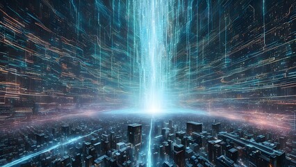 A futuristic cityscape illuminated by a vertical light beam, suggesting advanced technology.