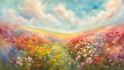 A colorful field of blooming flowers under a serene sky with soft clouds.