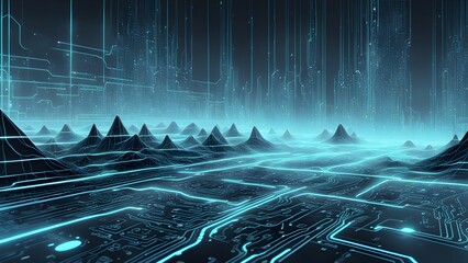 A futuristic landscape with circuit patterns and glowing elements.