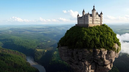 Naklejka premium A majestic castle perched on a rocky outcrop surrounded by lush green landscapes.