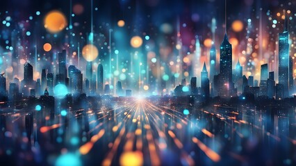 A vibrant city skyline with colorful lights and abstract patterns, evoking a futuristic vibe.