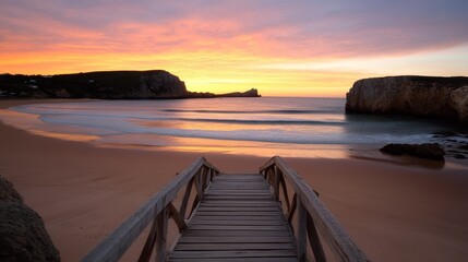 Obraz premium A wooden walkway leading to a beach at sunset