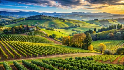 Fototapeta premium Landscape with rolling hills and vineyards in the Tuscan countryside, Tuscany, background, Italy, rural, farm, agriculture