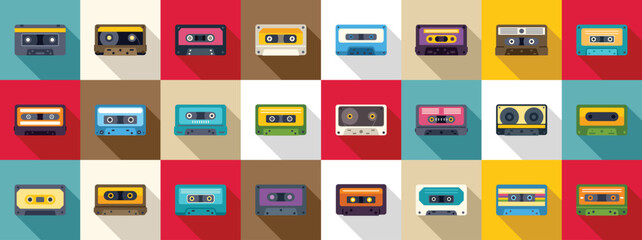 Stereo cassettes icons set. Flat design audio cassettes in various colors, evoking nostalgia for vintage music and analog sound recording technology