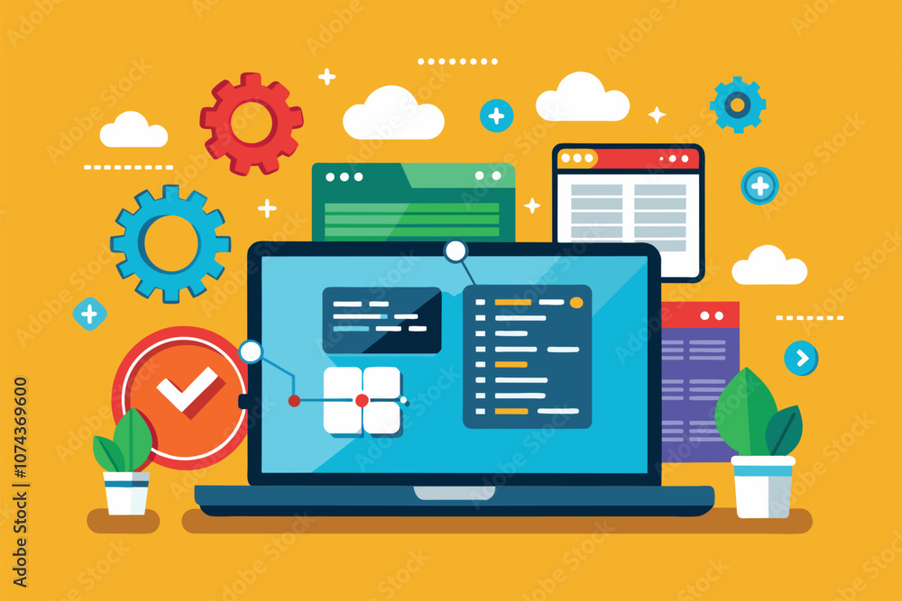 Poster a laptop shows programming difficulties with coding content surrounded by colorful tech graphics, la