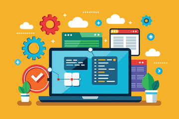 A laptop shows programming difficulties with coding content surrounded by colorful tech graphics, Laptop has software issues for programming, need flat illustration.