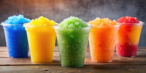 Colorful assortment of refreshing slush drinks in plastic cups, slush, drinks, colorful, assortment, plastic cups, cold