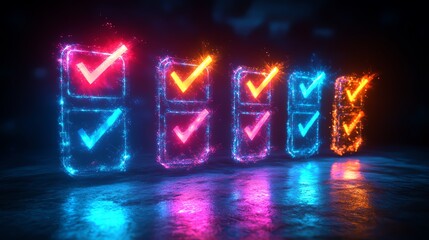 Colorful glowing checkmarks on a dark background representing success and completion.