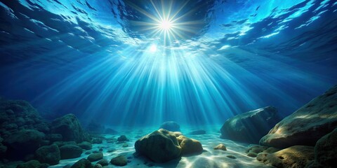 Fototapeta premium Sun rays shining through underwater rocks in the deep ocean, underwater, rocks, sun rays, ocean, depth, marine life