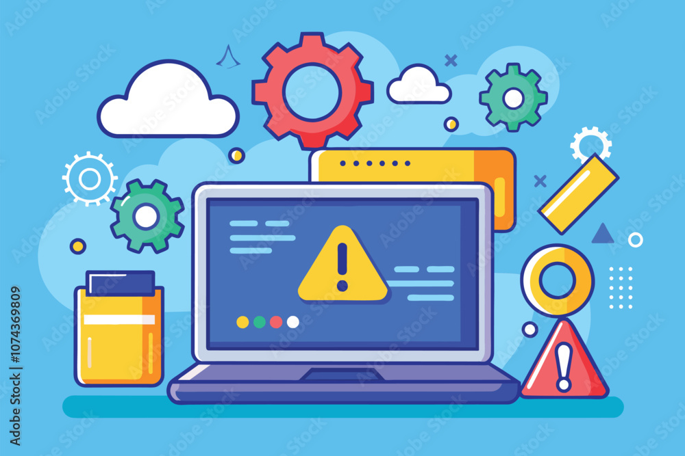 Poster a laptop shows a data error warning, surrounded by gears and cloud icons representing maintenance ac