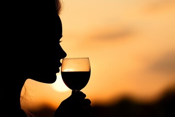 A woman holding a glass of red wine in front of a sunset