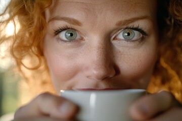 A woman with red hair drinking from a white cup - Powered by Adobe