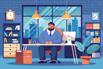 A solitary worker is seated at a modern desk in a bright office, concentrating on his work, Large, solitary worker in office setting, flat drawing