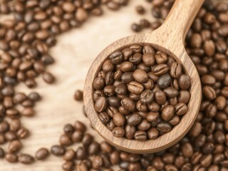 Wooden cup filled with freshly roasted coffee beans, delicious