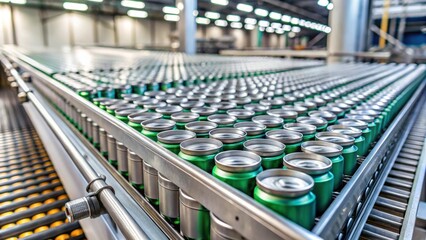 Obraz premium Conveyor belt in motion at production and bottling of drinks in tin cans , manufacturing, production line