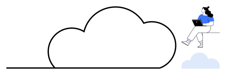 Woman with laptop sitting on the edge of a large cloud, symbolizing cloud computing. Ideal for tech presentations, cloud storage, online services, remote work, digital transformation, internet