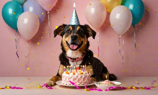 Cute dog wearing birthday hat surrounded by balloons in festive setting.