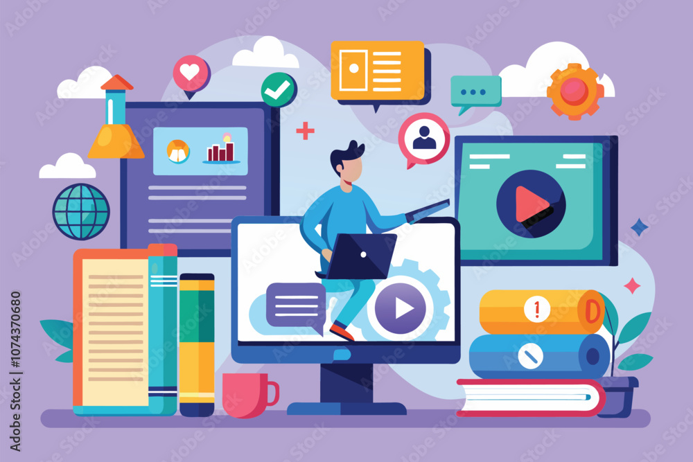 Aufkleber explore the fundamentals of media content management with engaging flat illustrations on a digital d